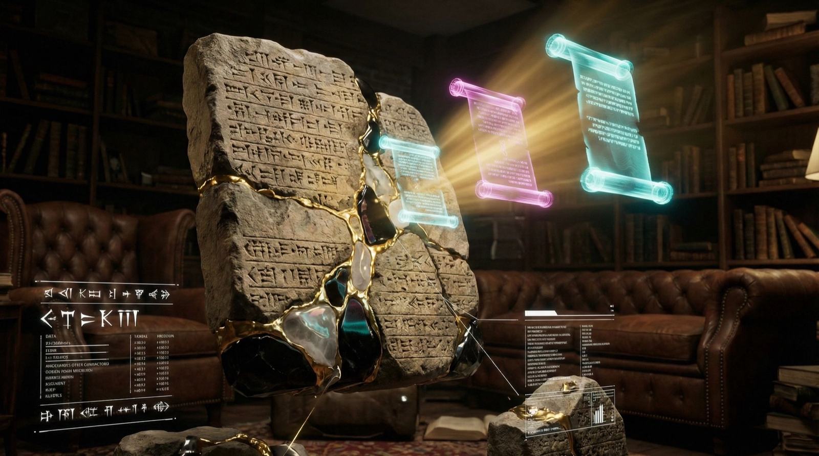 Ancient stone tablets and glowing holographic scrolls, Public Records banner